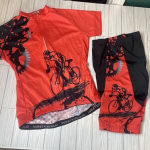 WEIMOSTAR Cycling‎ Road Bike  Shirt Jersey/Shorts Size Large Full Zip Red/Orange